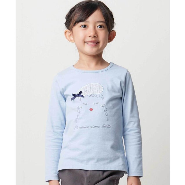 パリジェンヌツイードパッチバックフリル長袖Tシャツ(90~150cm) （ブルー）