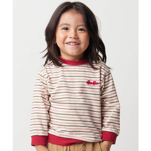 マルチボーダー天竺配色リブ長袖Tシャツ(80~90cm) （レッド系）
