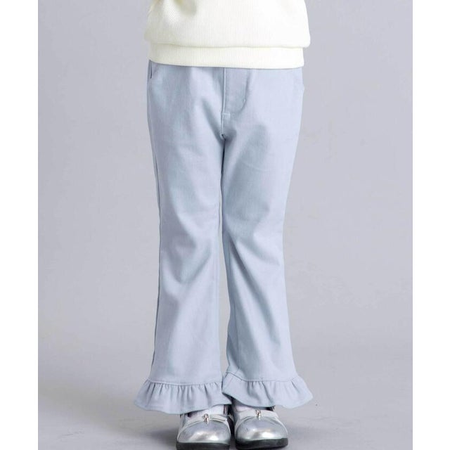 ストレッチツイル裾フリルロングパンツ(90~150cm) （ブルー）