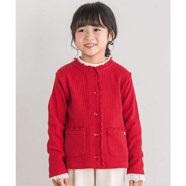【店舗限定】メロウ縦柄リブカーディガン(95~150cm) （レッド）