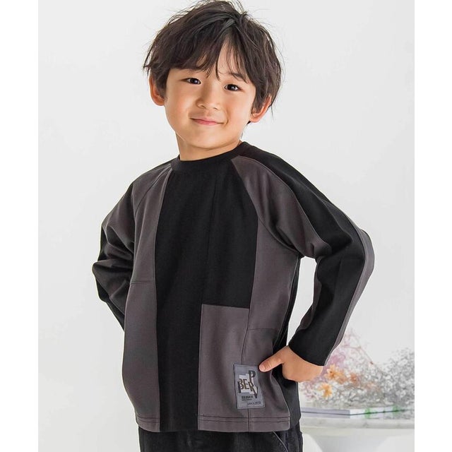 【店舗限定】配色切り替えラグランロングTシャツ(95~150cm) （ブラック系）