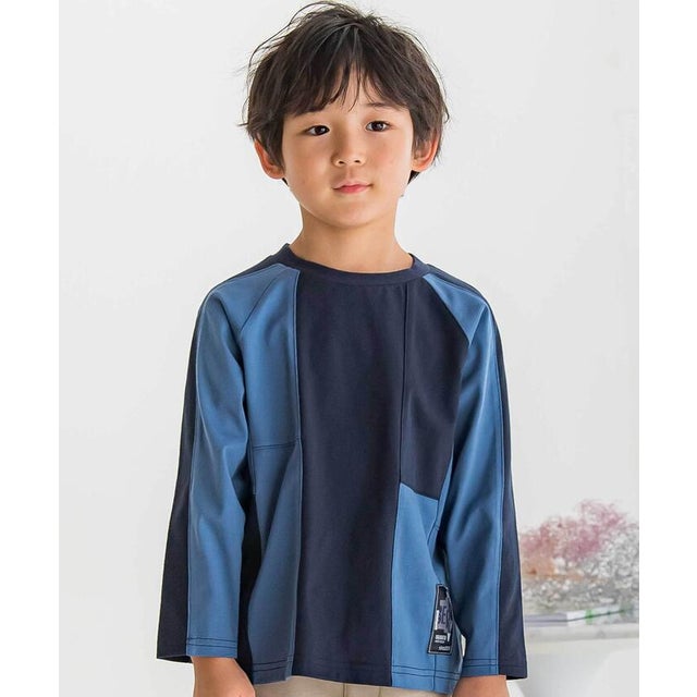 【店舗限定】配色切り替えラグランロングTシャツ(95~150cm) （ブルー系）