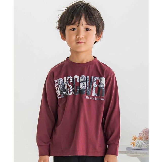 【店舗限定】発泡写真プリントロングTシャツ(95~150cm) （ボルドー）