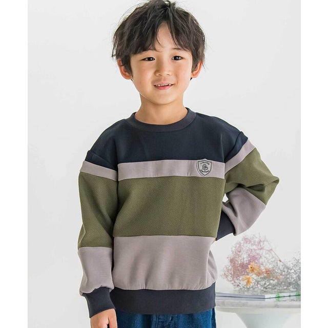 【店舗限定】配色異素材トップス(95～160cm) （グリーン系）
