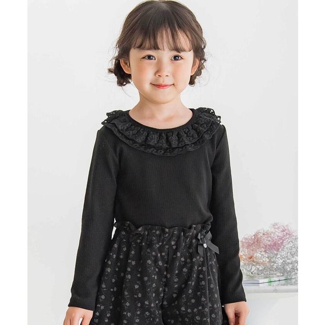 【店舗限定】花チュール襟リブトップス(95～150cm) （ブラック）