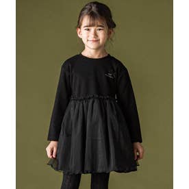 キラキラチュールドッキング長袖ワンピース(95~150cm) （ブラック）