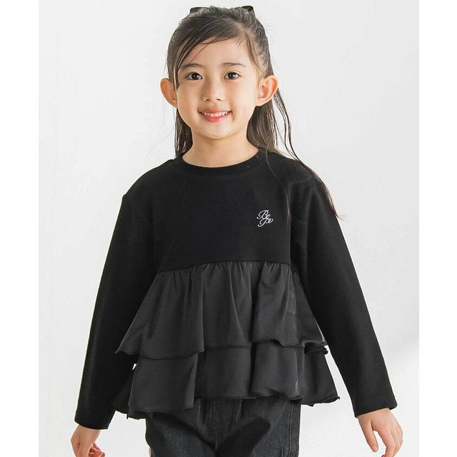 シフォン2段フリル 長袖カットソー(95~160cm) （ブラック）