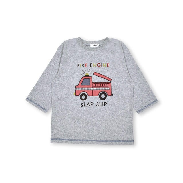 消防車パッチ刺しゅう7分袖Tシャツ(80~130cm) （グレー）