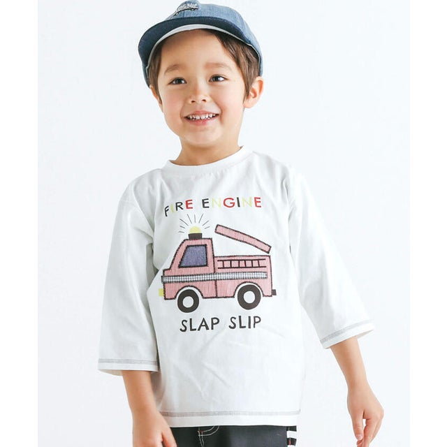 消防車パッチ刺しゅう7分袖Tシャツ(80~130cm) （ホワイト）