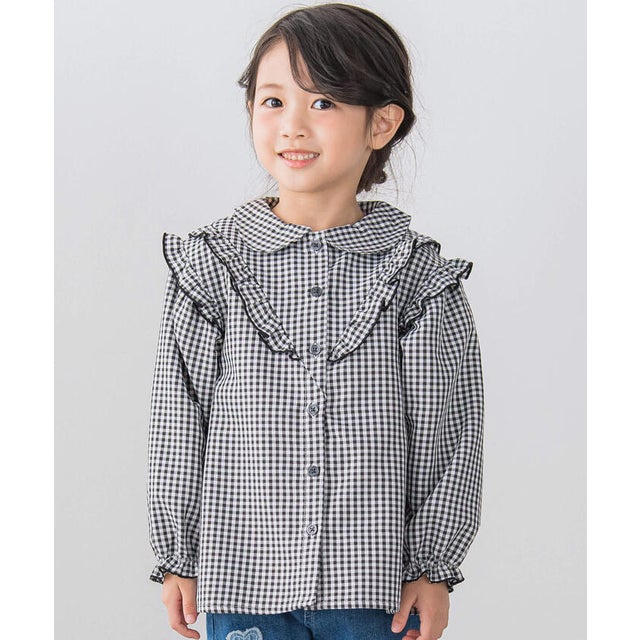コーデュロイチェック柄フロントフリル長袖シャツ(90~130cm) （ブラック系）