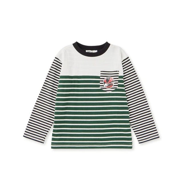 胸ポケット消防車モチーフ無地ボーダー柄切り替えTシャツ(80~130cm) （グリーン系）