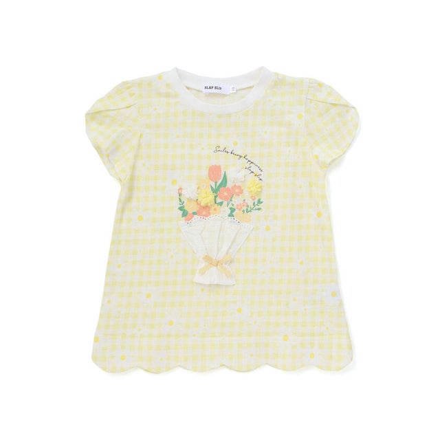 【お揃い】花モチーフ付き裾スカラップ天竺半袖Tシャツ(80~130cm) （イエロー系）
