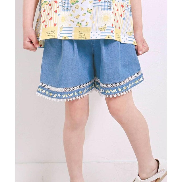 裾レース刺しゅう入りデニムショートパンツ(90~130cm) （ブルー）