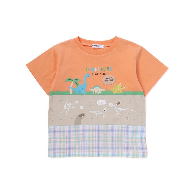 【お揃い】化石恐竜切り替え半袖Tシャツ(80~130cm) （オレンジ）