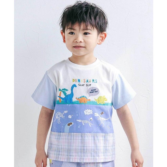 【お揃い】化石恐竜切り替え半袖Tシャツ(80~130cm) （ホワイト）
