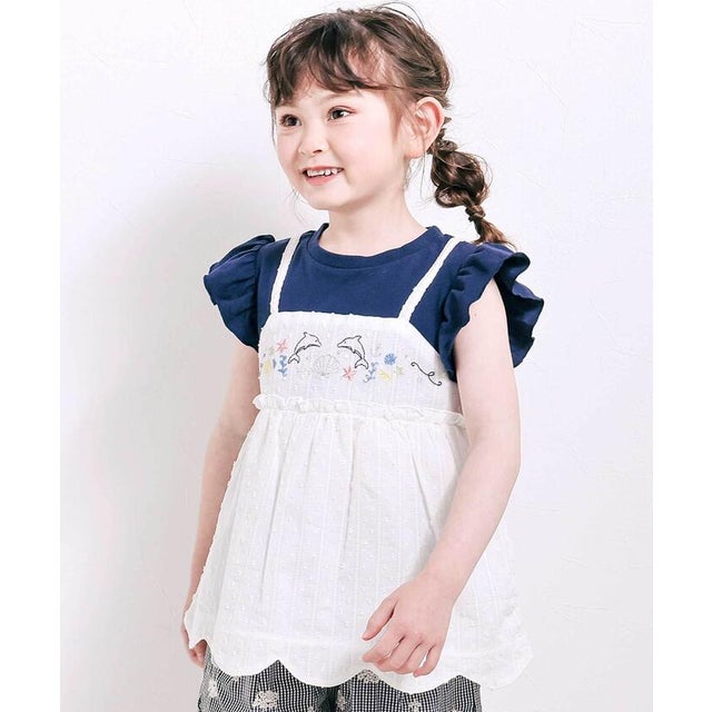 【お揃い】スカラップキャミストライプ&ドビー半袖Tシャツ(80~130cm) （ネイビー）