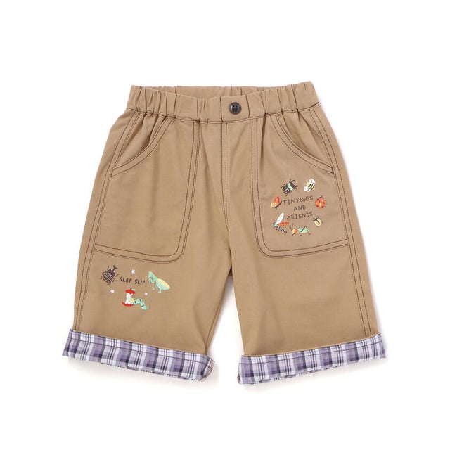 裾チェック折り返し5.5分丈ストレッチパンツ(80~130cm) （ベージュ）
