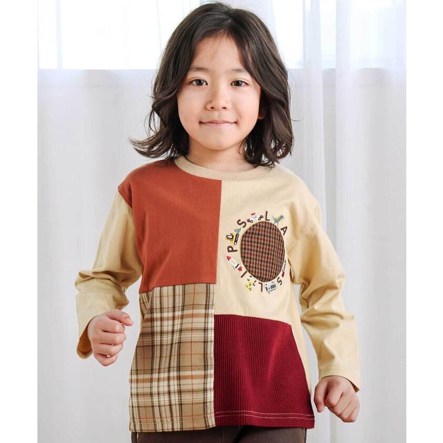 【お揃い】モチーフ刺しゅうチェック切り替え長袖Tシャツ(80~130cm) （ベージュ）