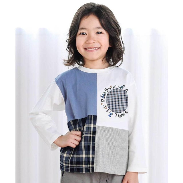 【お揃い】モチーフ刺しゅうチェック切り替え長袖Tシャツ(80~130cm) （オフホワイト）