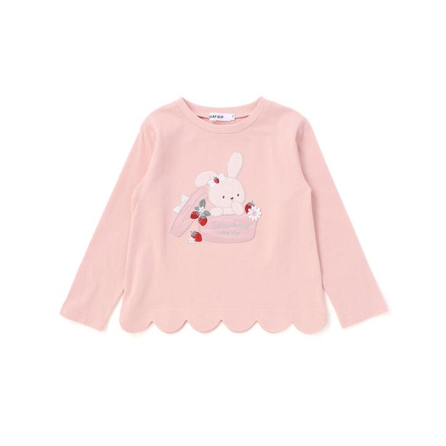 裾スカラップウサギクマネコモチーフ長袖Tシャツ(80~130cm) （ピンク）