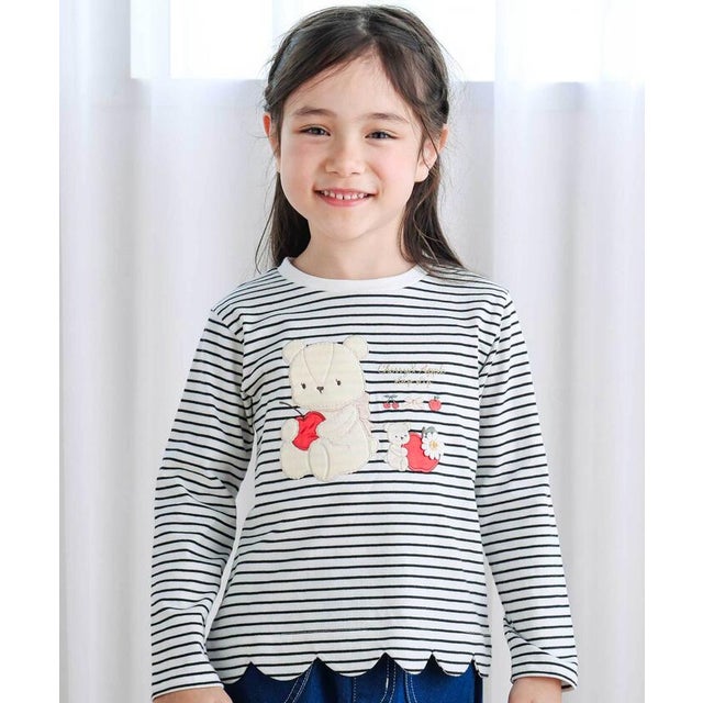 裾スカラップウサギクマネコモチーフ長袖Tシャツ(80~130cm) （ブラック系）