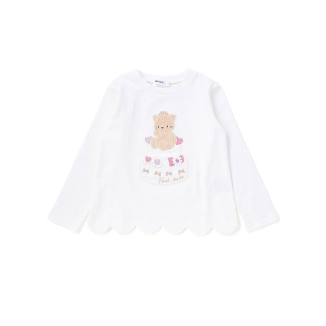 裾スカラップウサギクマネコモチーフ長袖Tシャツ(80~130cm) （オフホワイト）
