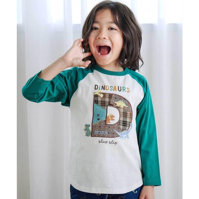 ロゴパッチ刺しゅうラグラン長袖Tシャツ(80~130cm) （グリーン）