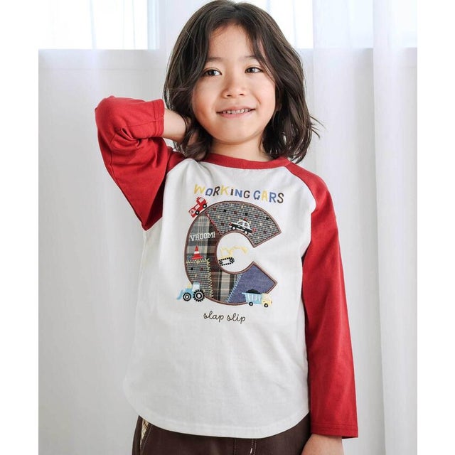 ロゴパッチ刺しゅうラグラン長袖Tシャツ(80~130cm) （レッド）