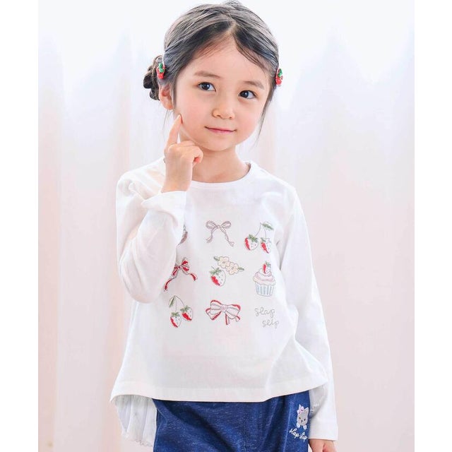 イチゴ刺しゅう裾フリル長袖Tシャツ(80~130cm) （ホワイト）