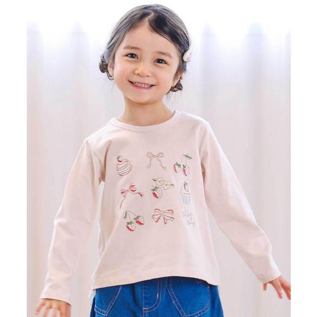 イチゴ刺しゅう裾フリル長袖Tシャツ(80~130cm) （ピンク）