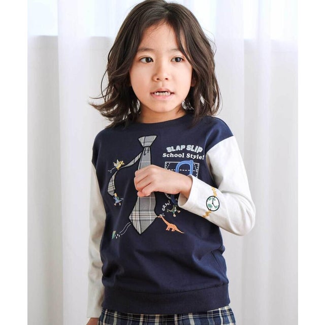 ネクタイメガネパッチ袖切り替え長袖Tシャツ(80~130cm) （ネイビー）