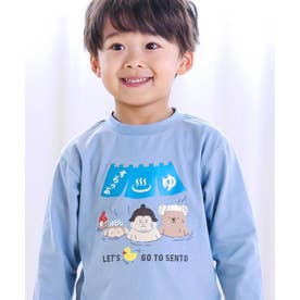 【スララク/防汚加工/オーガニックコットン】わくわくデザイン男の子長袖Tシャツ( （ブルー×おすもうさんといい湯だな）