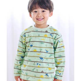 【スララク/防汚加工/オーガニックコットン】わくわくデザイン男の子長袖Tシャツ( （グリーン×お散歩恐竜ボーダー）