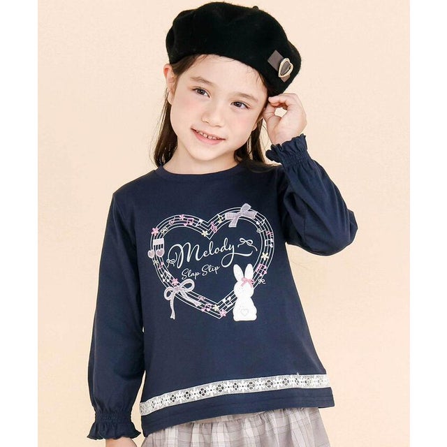 裾梯子レース天竺長袖Tシャツ(80~130cm) （ネイビー）