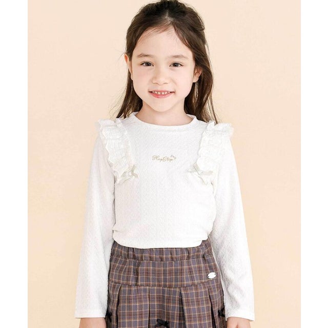 肩フリルハート刺しゅう長袖Tシャツ(80~130cm) （ホワイト）