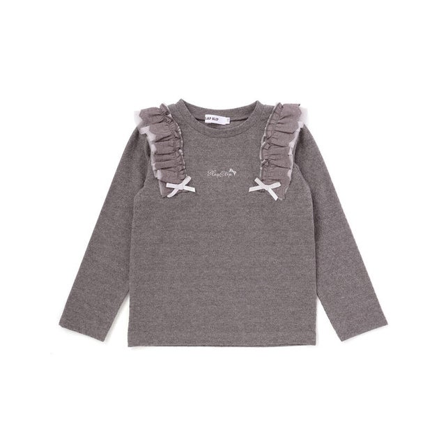 肩フリルハート刺しゅう長袖Tシャツ(80~130cm) （グレー）