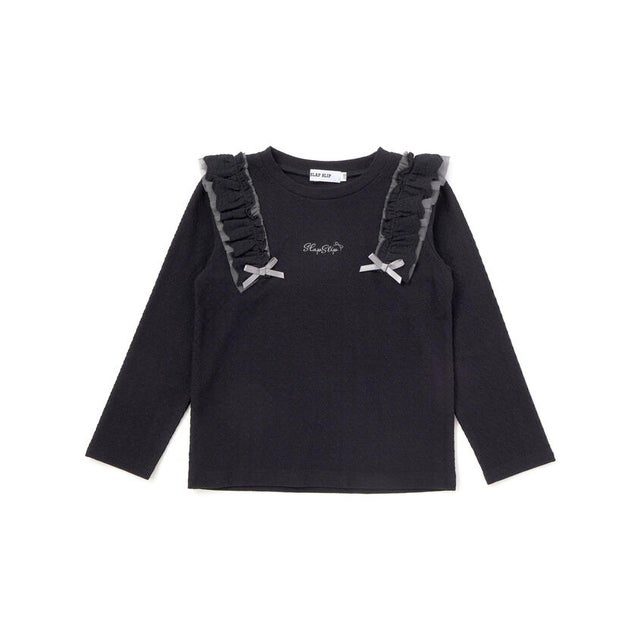 肩フリルハート刺しゅう長袖Tシャツ(80~130cm) （ブラック）
