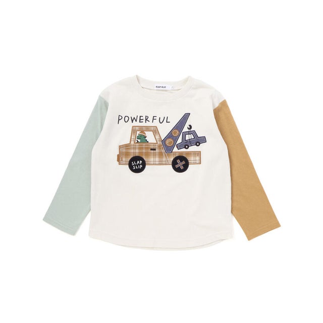 乗り物プリント袖切り替え長袖Tシャツ(80~130cm) （オフホワイト）