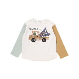 乗り物プリント袖切り替え長袖Tシャツ(80~130cm) （オフホワイト）