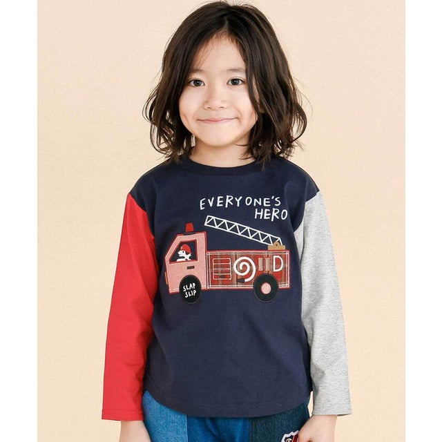 乗り物プリント袖切り替え長袖Tシャツ(80~130cm) （ネイビー）