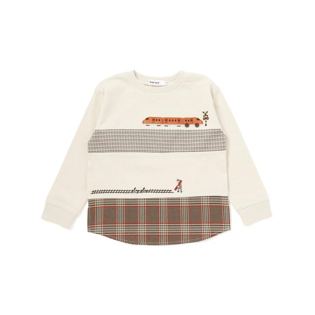 電車モチーフチェック切り替え長袖Tシャツ(80~130cm) （オフホワイト）