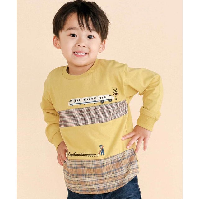 電車モチーフチェック切り替え長袖Tシャツ(80~130cm) （イエロー）