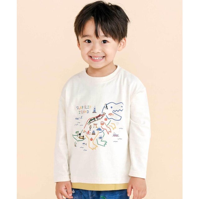 恐竜地図長袖Tシャツ(80~130cm) （オフホワイト）