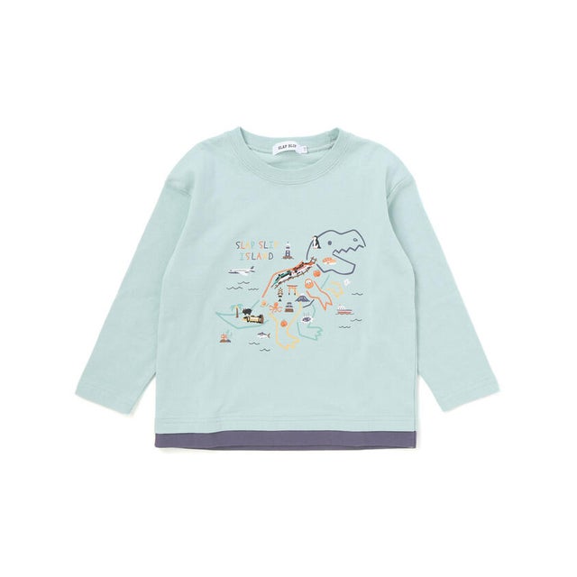 恐竜地図長袖Tシャツ(80~130cm) （グリーン）