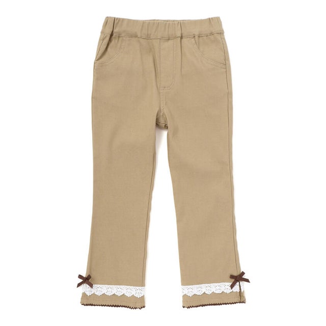 裾レース＆リボンストレッチツイルロングパンツ(90~130cm) （ベージュ）