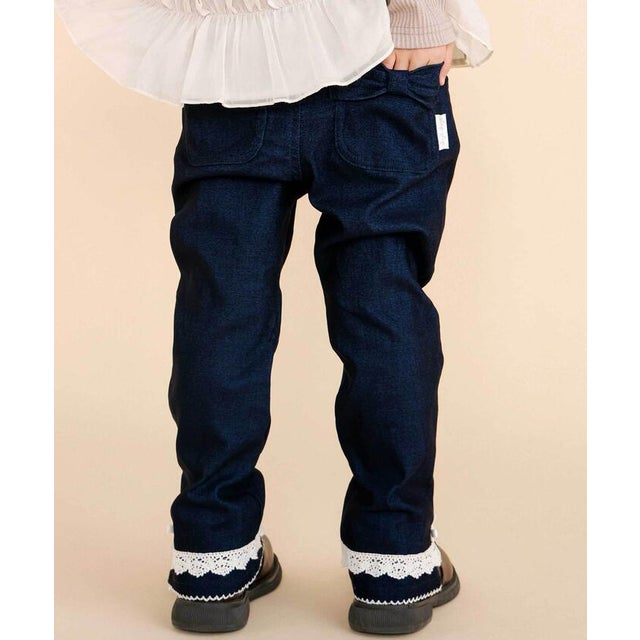 裾レース＆リボンストレッチツイルロングパンツ(90~130cm) （ネイビー）