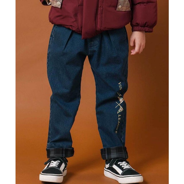 チェック裾折り返しコールテン＆デニムロングパンツ(80~130cm) （ブルー）