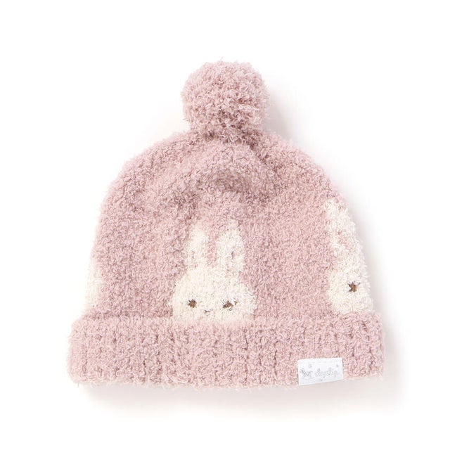 【ウサギ＆ひつじモチーフ】耳付きブークレニット帽子ベビー(44~48cm) （ピンク）