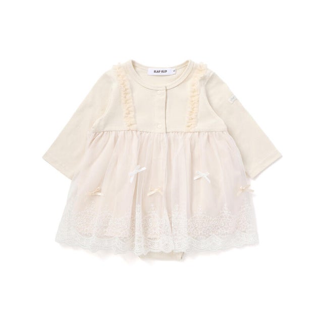 裾リボンモチーフ切り替えチュールスカート付きロンパースベビー(70~80cm) （オフホワイト）