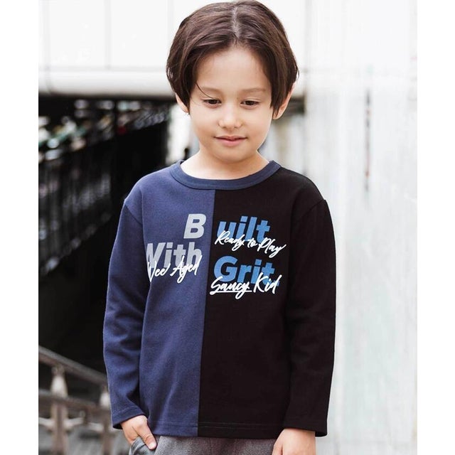 バイカラーロゴ 発泡プリント長袖Tシャツ(100~160cm) （ネイビー）